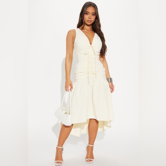Fashion Nova XL White Butter Yellow Striped Skylar Striped Midi Dress NEW - Picture 1 of 11